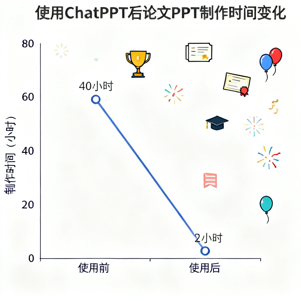 折线图显示使用ChatPPT后论文PPT制作时间从40小时降至2小时，数据点清晰，背景有成功答辩的图标