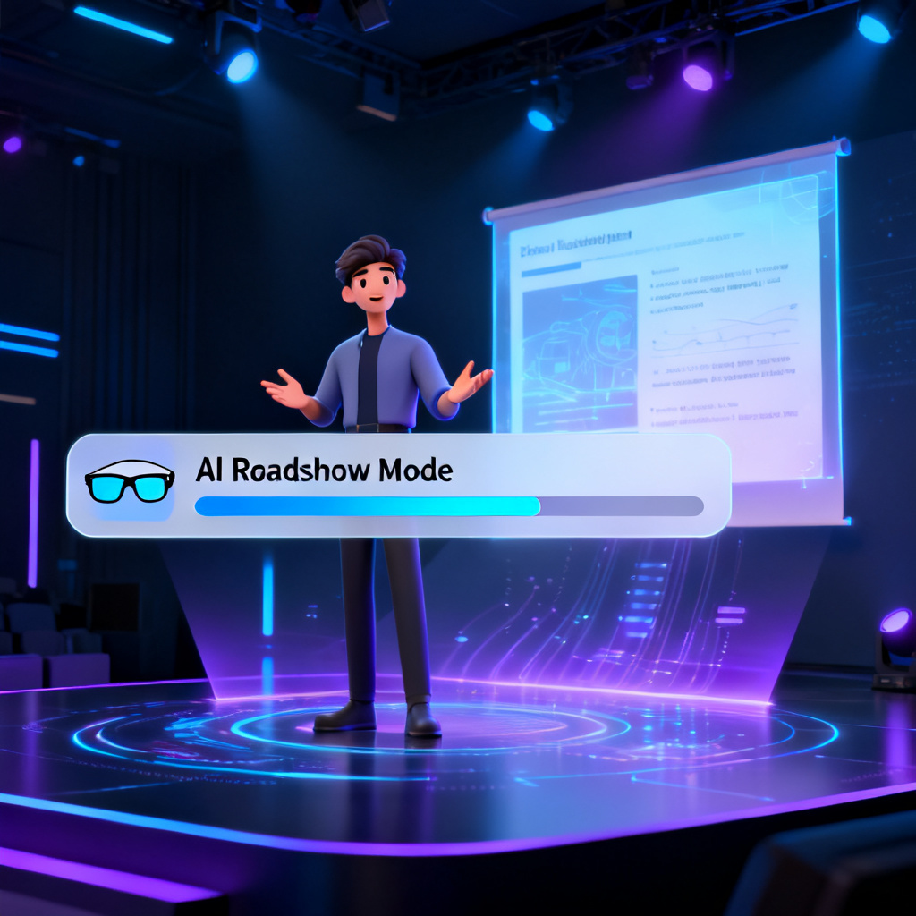 A futuristic digital avatar standing on a virtual stage, with a holographic slide projection behind it. The avatar is gesturing naturally while speaking, and a text overlay shows "AI Roadshow Mode" with a progress bar. In the corner, a smart glasses icon indicates integration with wearable devices. The scene is set in a dark, immersive environment with blue and purple lighting.
