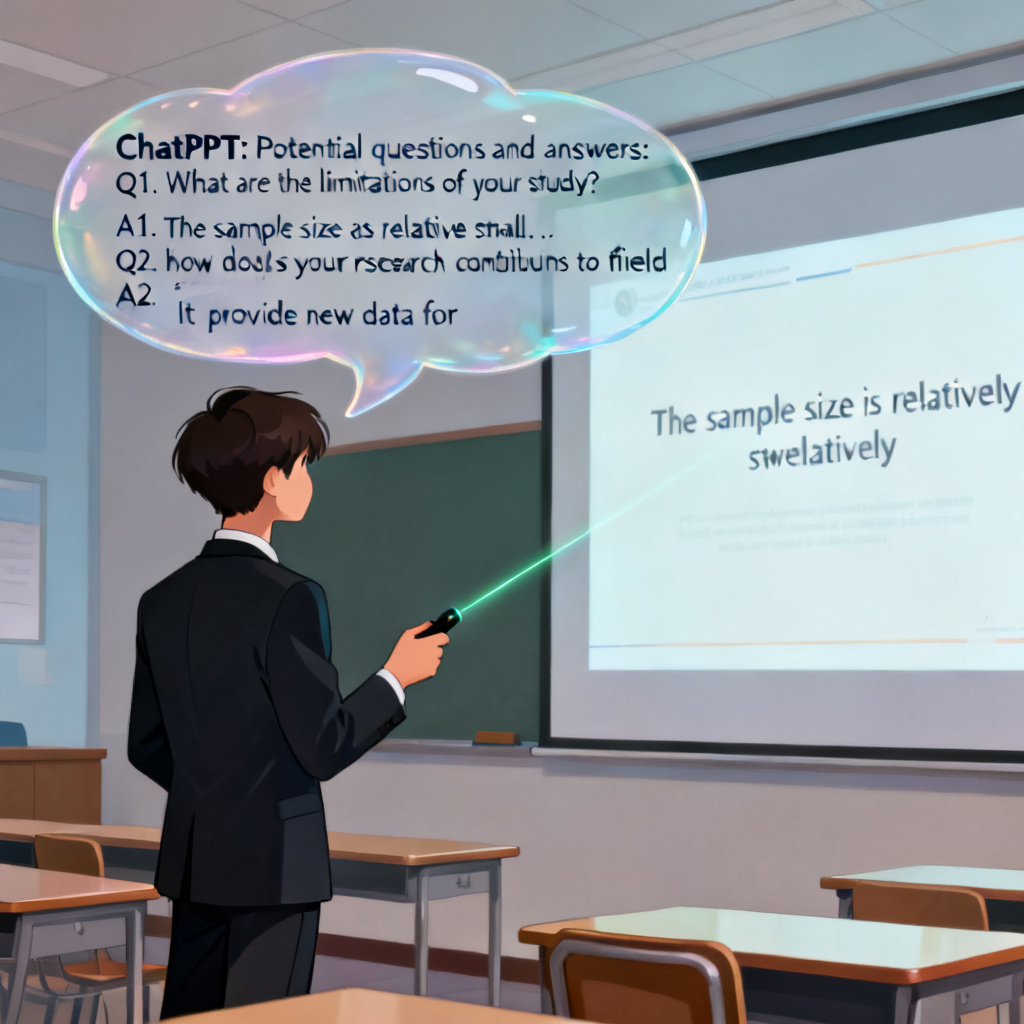 An illustration showing a student presenting a thesis defense, with a thought bubble showing ChatPPT generating potential questions and answers.