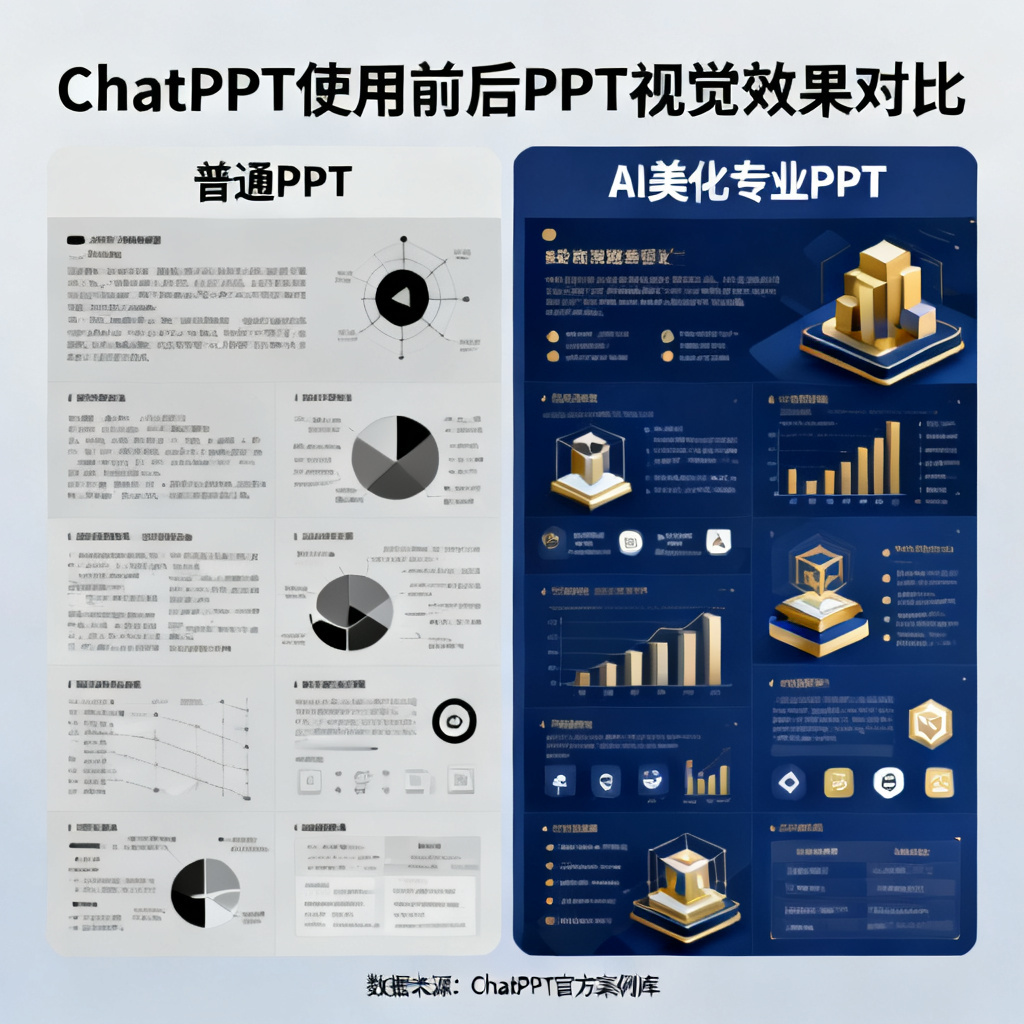 对比图显示使用ChatPPT前后PPT的视觉效果差异，左侧为普通PPT，右侧为经过AI美化后的专业PPT