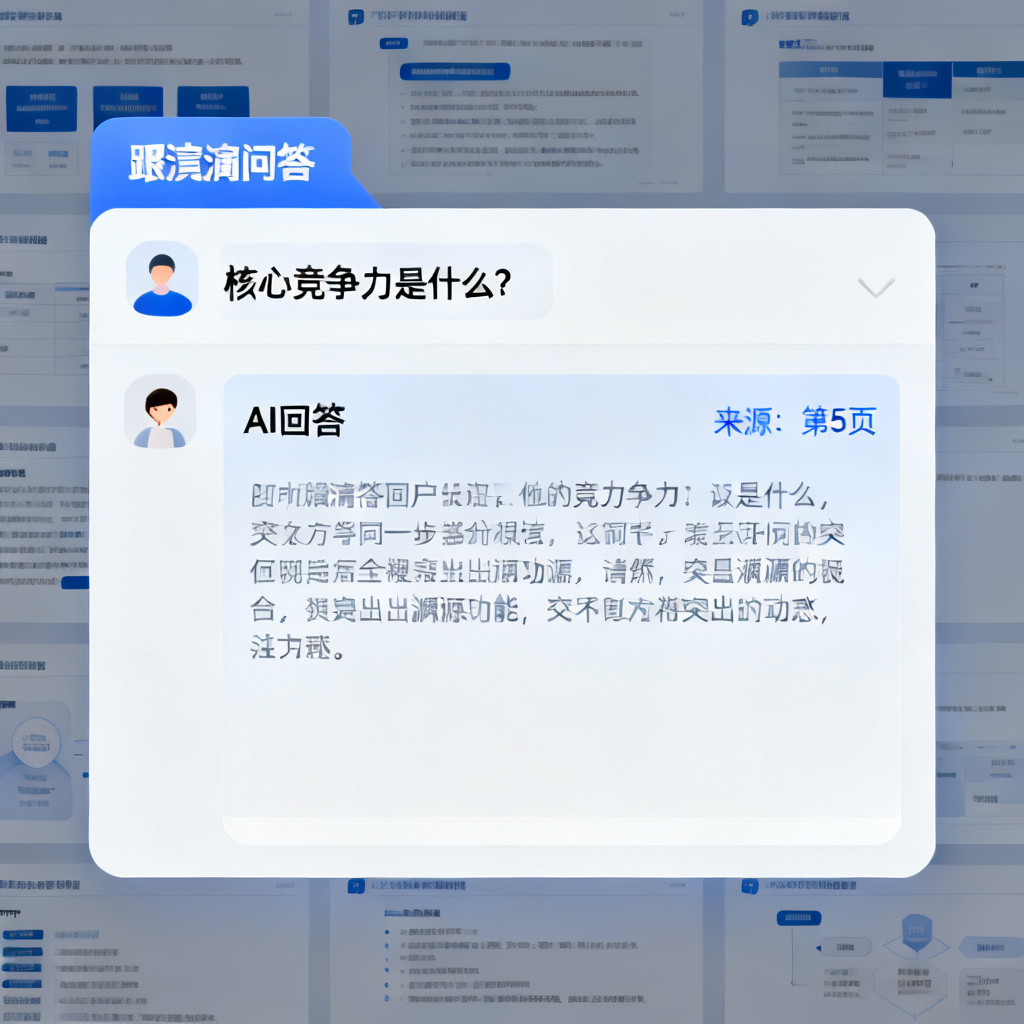 一个聊天界面风格的路演问答窗口，用户提问“核心竞争力是什么？”，AI回答并附有“来源：第5页”的标注，背景是PPT页面缩略图，突出溯源功能。