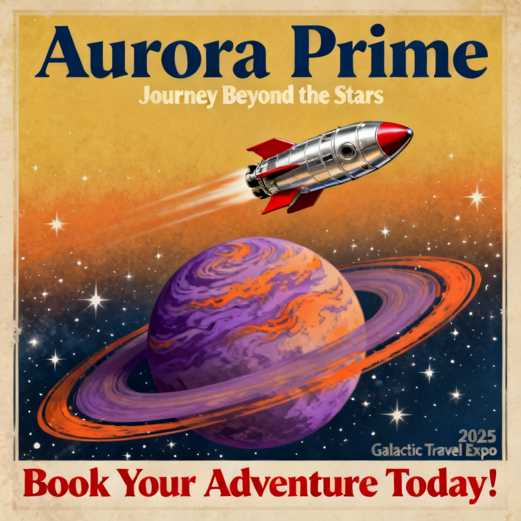 A vintage travel poster for a fictional planet, with bold typography and a retro color palette, suitable for a presentation on space tourism.