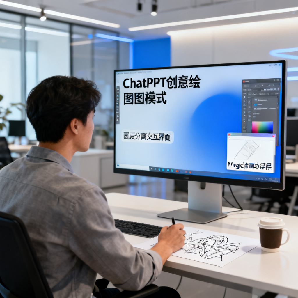 一位身穿商务休闲装的职场白领，在明亮现代的工作室中面对宽屏显示器，屏幕上展示ChatPPT的创意绘图模式与图层分离交互界面，右下角有Magic涂画功能浮层，桌面上放着咖啡和手绘草图，画面强调高效与专业感