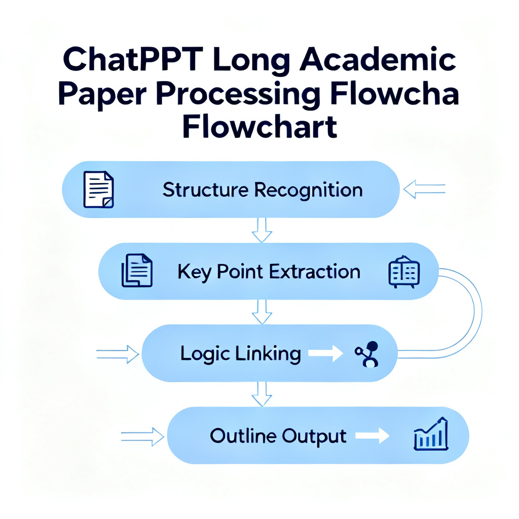 A flowchart showing how ChatPPT processes long academic papers, extracting structure and generating logical outline, with icons for chapters, data, and conclusion. The flow includes steps: input paper, structure recognition, key point extraction, logic linking, and outline output. Professional blue-white color scheme, clean and minimal design.