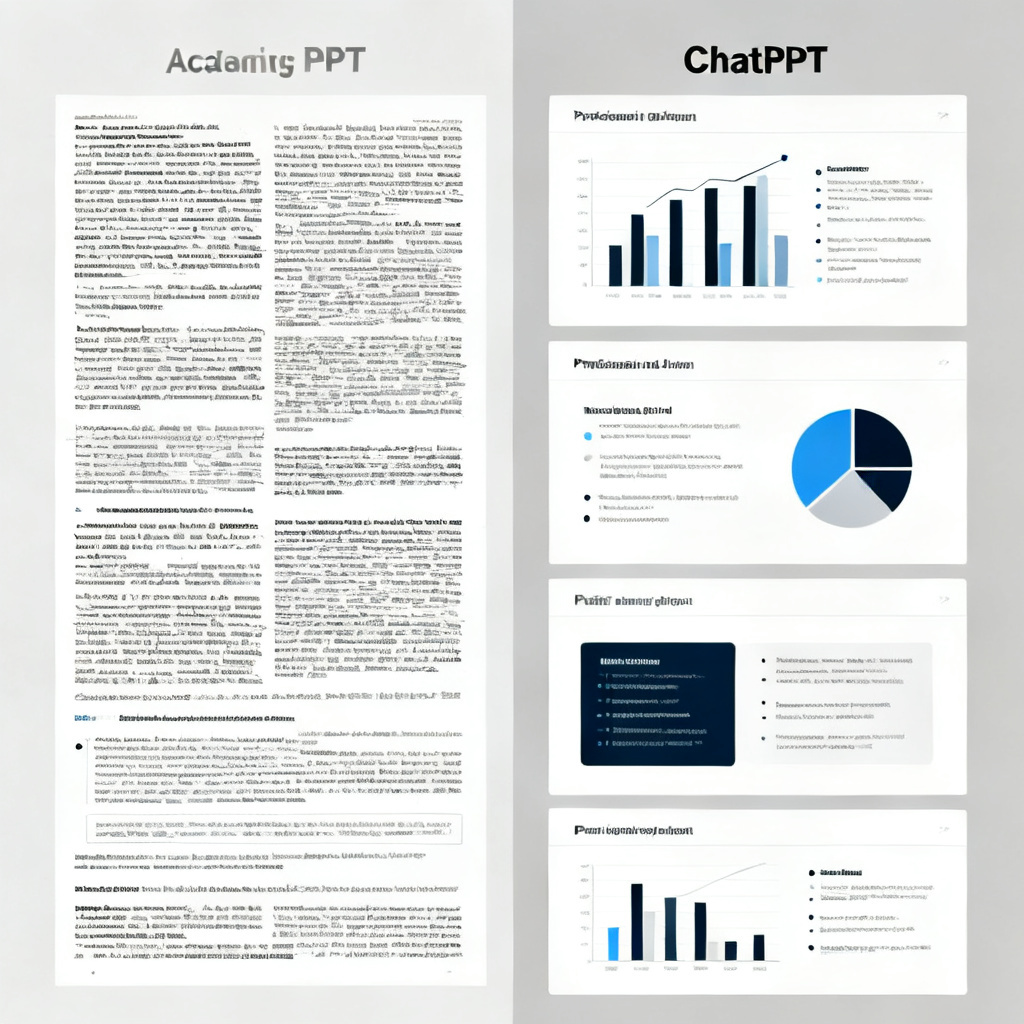 A side-by-side comparison of a traditional academic PPT slide cluttered with text versus a ChatPPT-generated slide with clear charts, bullet points, and a professional layout.