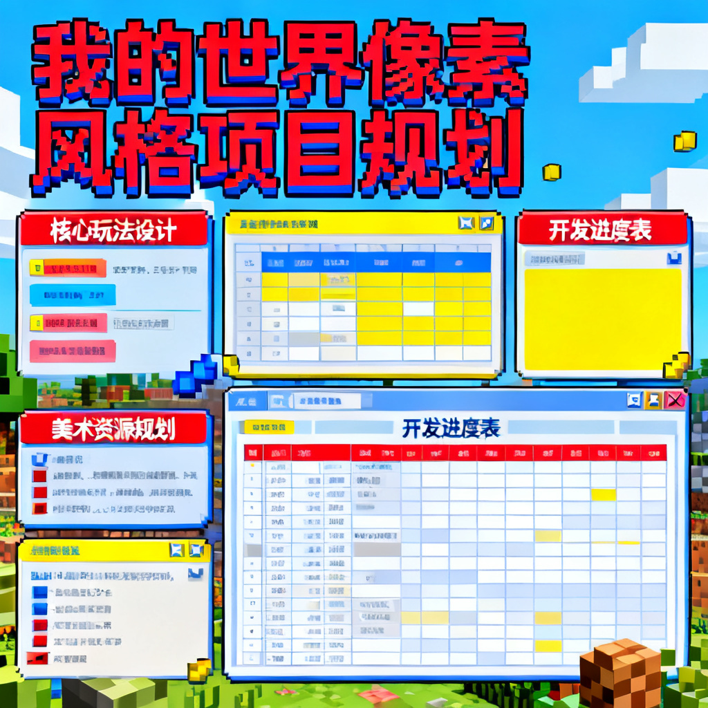 我的世界像素风格项目规划，方块元素，明亮色彩，游戏化界面
