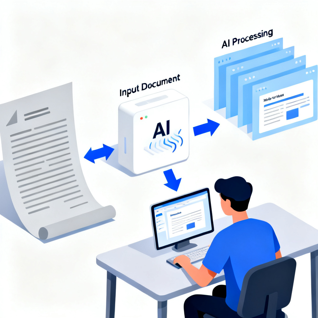 An illustration of a user generating a PPT from a long document using AI, with arrows showing the workflow from document to slides