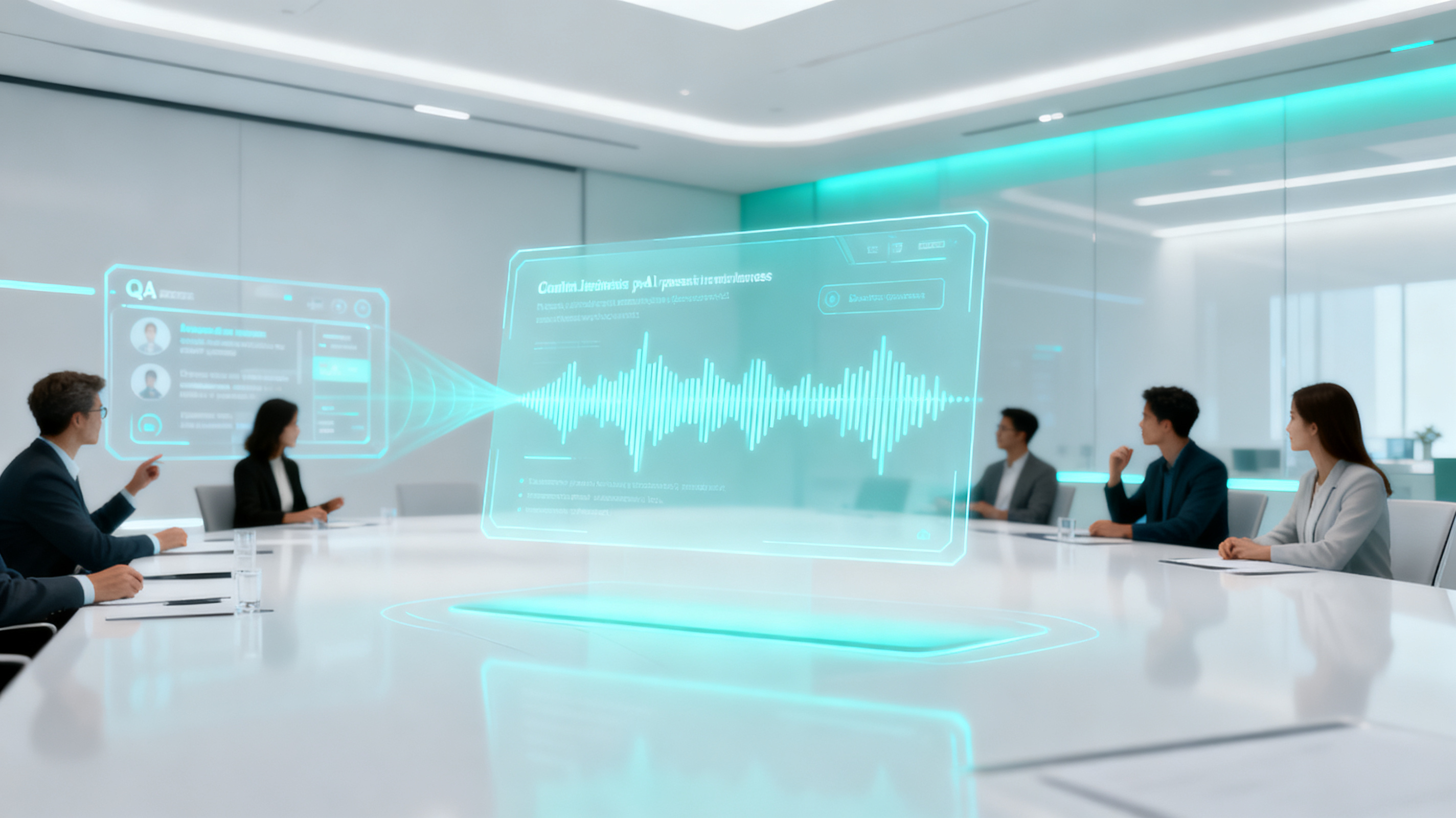 A futuristic conference room where a holographic presentation slide floats in the center, an AI voice waveform emanating from the slide, multiple listeners in the background interacting with a transparent Q&A interface panel, clean minimal design, soft white and cyan lighting, corporate tech aesthetic, 4K