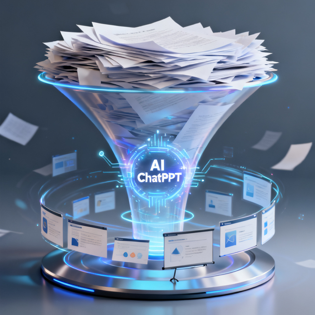An abstract visualization of a funnel: at the top, a massive stack of papers; in the middle, a glowing AI core labeled 'ChatPPT'; at the bottom, a sleek, organized presentation slide, in a data-flow style.