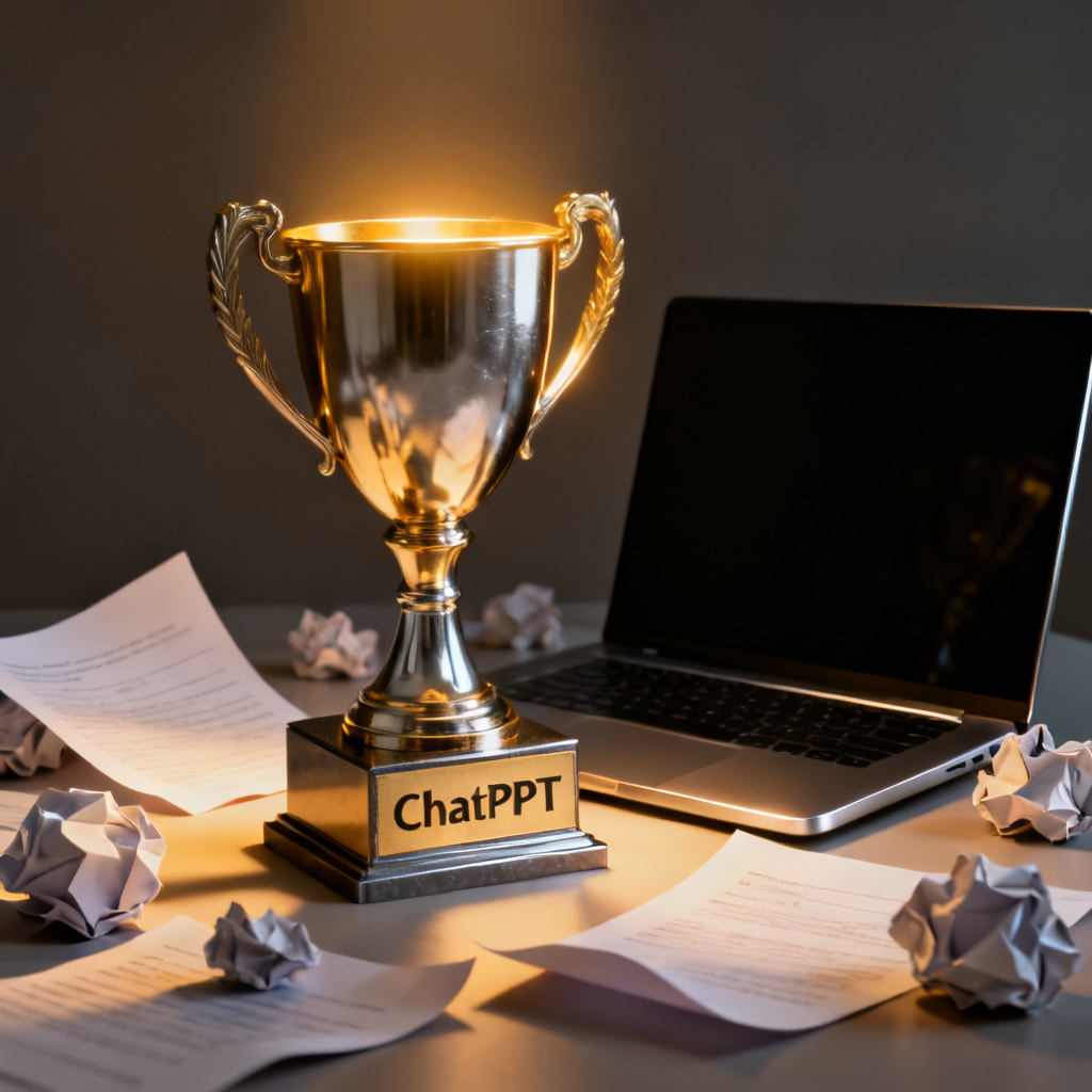 A trophy with the text 'ChatPPT' engraved, surrounded by scattered paper and a laptop, with a glowing aura. Style: 3D render, dramatic lighting.