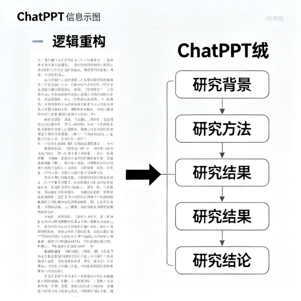 一张示意图，左侧显示一篇长论文的文本片段，右侧显示ChatPPT生成的PPT大纲，包含研究背景、方法、结果和结论等章节，箭头从文本指向大纲，突出逻辑重构过程