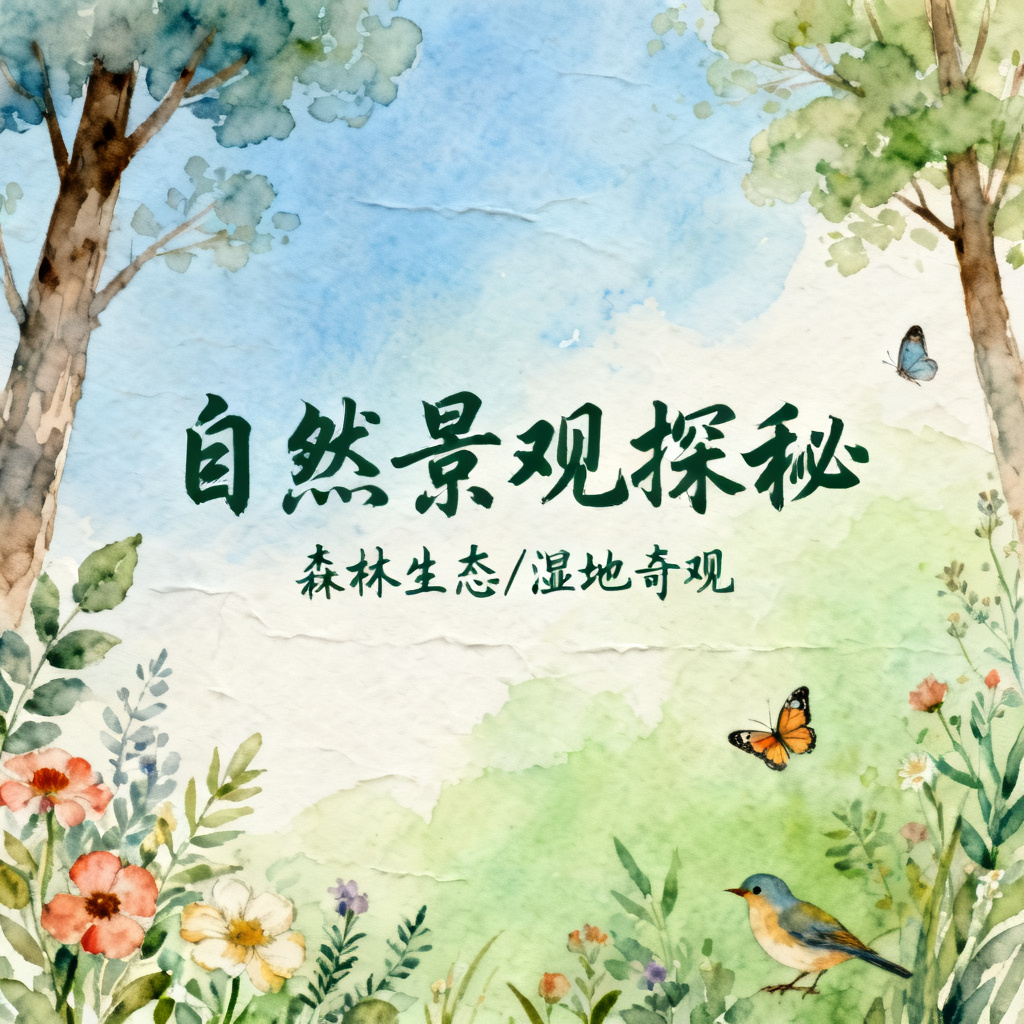 水彩风格的自然景观介绍PPT内页，柔和渐变色彩，手绘植物与动物元素，文字采用手写体，背景有轻微纸张纹理