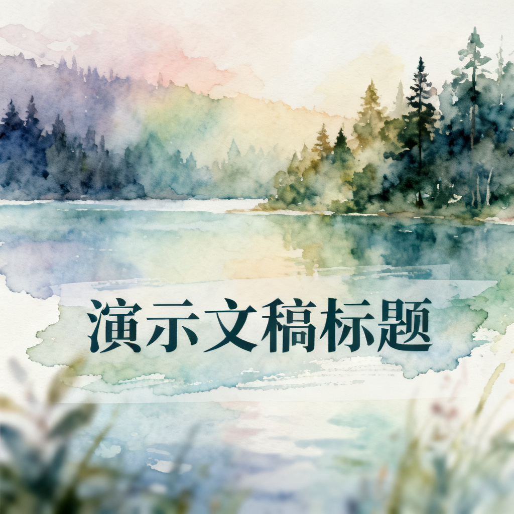 梦幻水彩风演示文稿，一页背景从湖泊变为森林，保留水彩笔触和柔和色调，前景有模糊的文字层