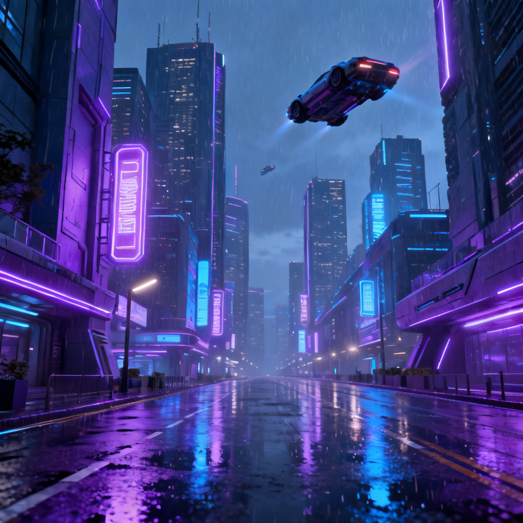 A futuristic cityscape in cyberpunk style, neon lights, rain-slicked streets, 3D render, high detail, for a PPT slide background