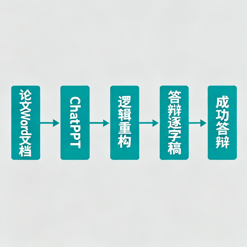 流程图：从论文Word文档到ChatPPT，再到逻辑重构、专业排版、答辩逐字稿，最后到成功答辩。风格扁平化