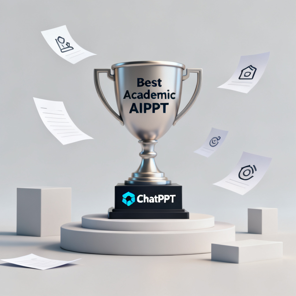 A trophy labeled 'Best Academic AIPPT' with the ChatPPT logo on it, surrounded by floating paper icons, style: minimalistic, 3D render
