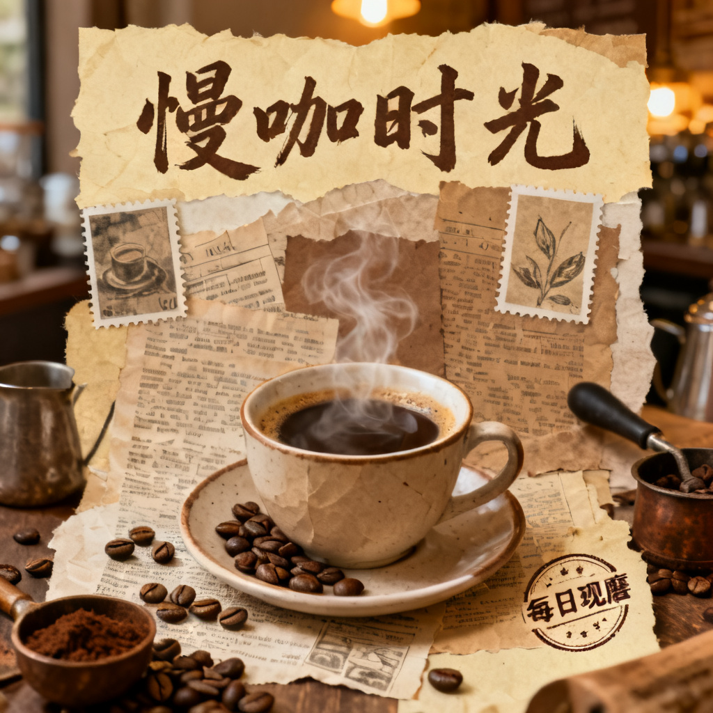 一张牛皮纸贴画风格的咖啡店海报，用剪报、邮票和手写字体拼贴而成，主色调为米黄和棕色，画面中央是一杯热气腾腾的咖啡，周围散落着咖啡豆和烘焙工具