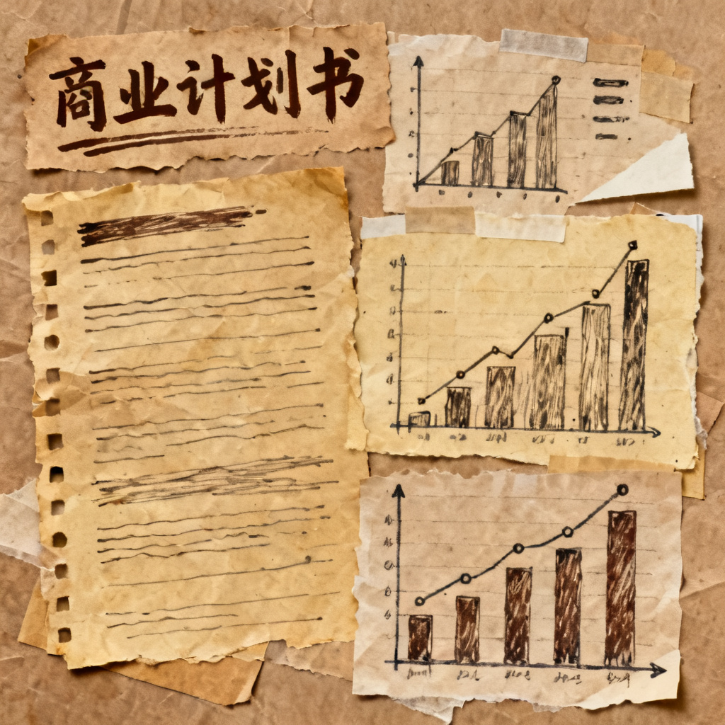 牛皮纸贴画风格,手绘质感,复古色调,商业计划书,拼贴元素