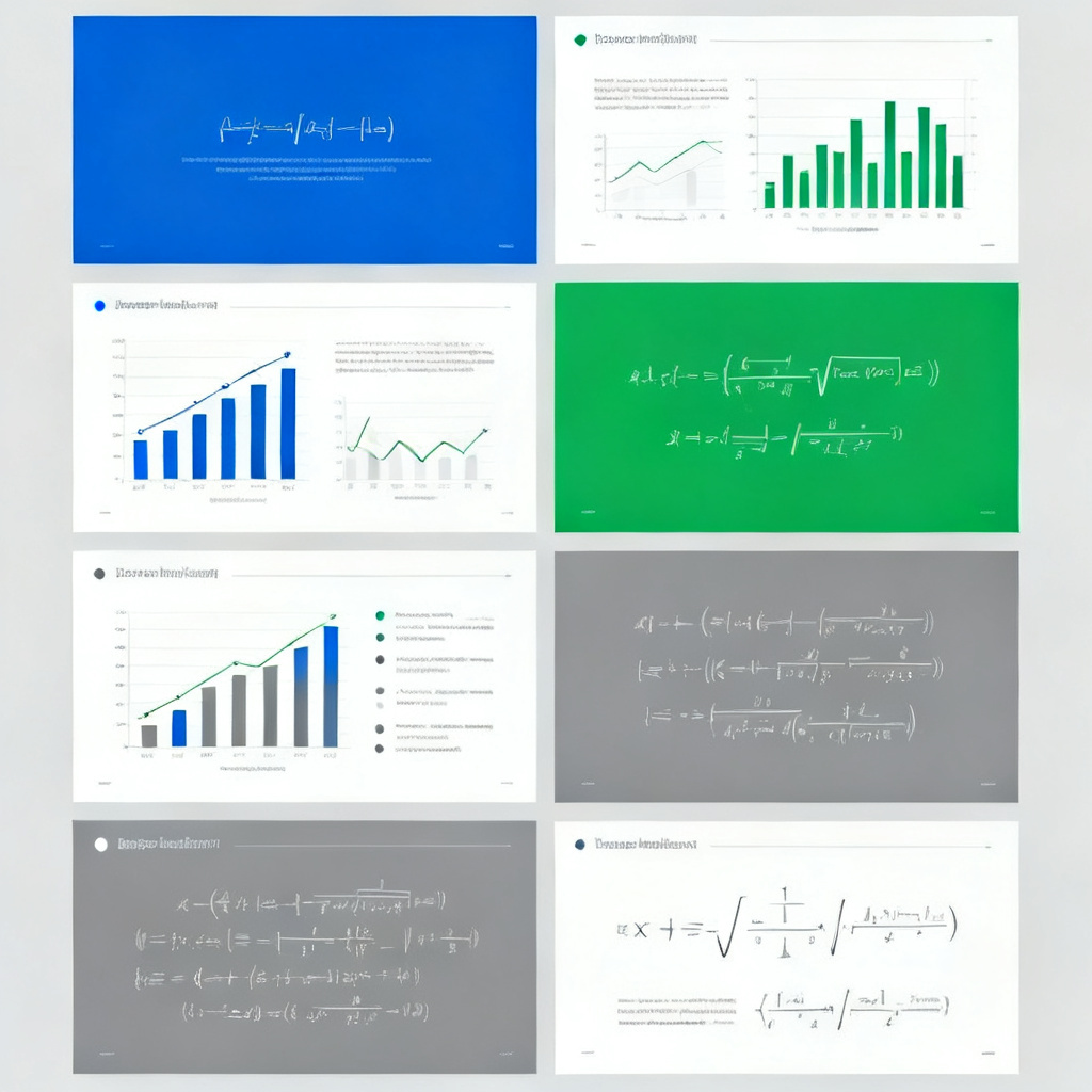 A grid of 4 academic PPT templates displayed in ChatPPT, each with different color schemes (blue, green, gray, white), clean layouts, featuring charts and equations, professional and rigorous