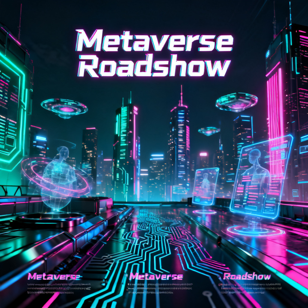 A professional, visually stunning PPT slide with a cyberpunk theme, titled 'Metaverse Roadshow', showing intricate details and cohesive design