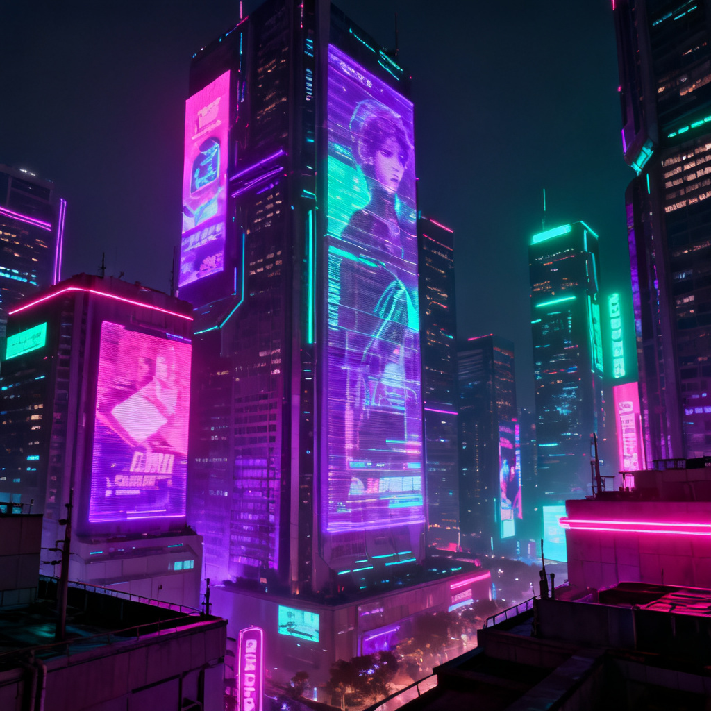 一个赛博朋克风格的未来城市夜景，霓虹灯闪烁，摩天大楼被全息广告覆盖，整体色调以紫红与青色为主，高对比度，细节丰富，光影效果真实。