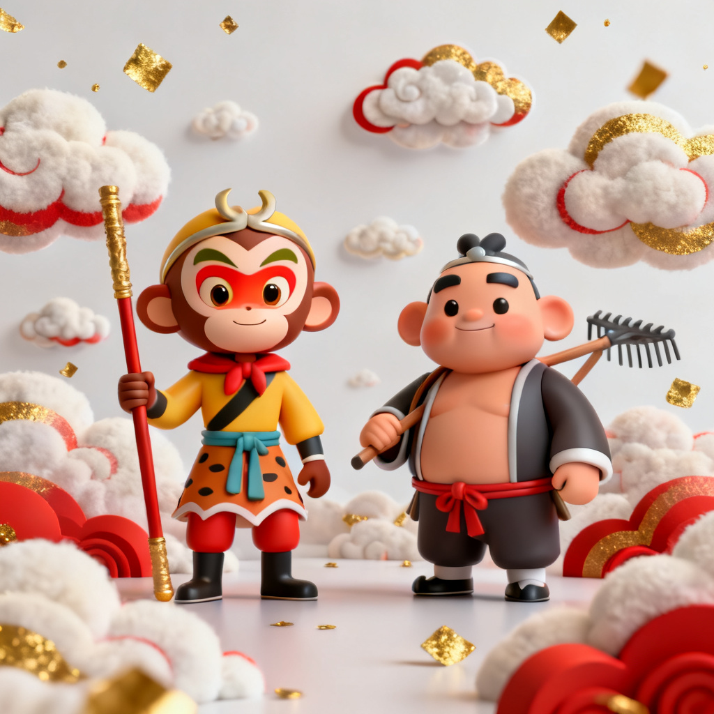 A presentation slide in the style of a 3D Journey to the West theme, with cartoon-like characters of Sun Wukong and Zhu Bajie as presenters, surrounded by floating cloud patterns and gold-red color accents.