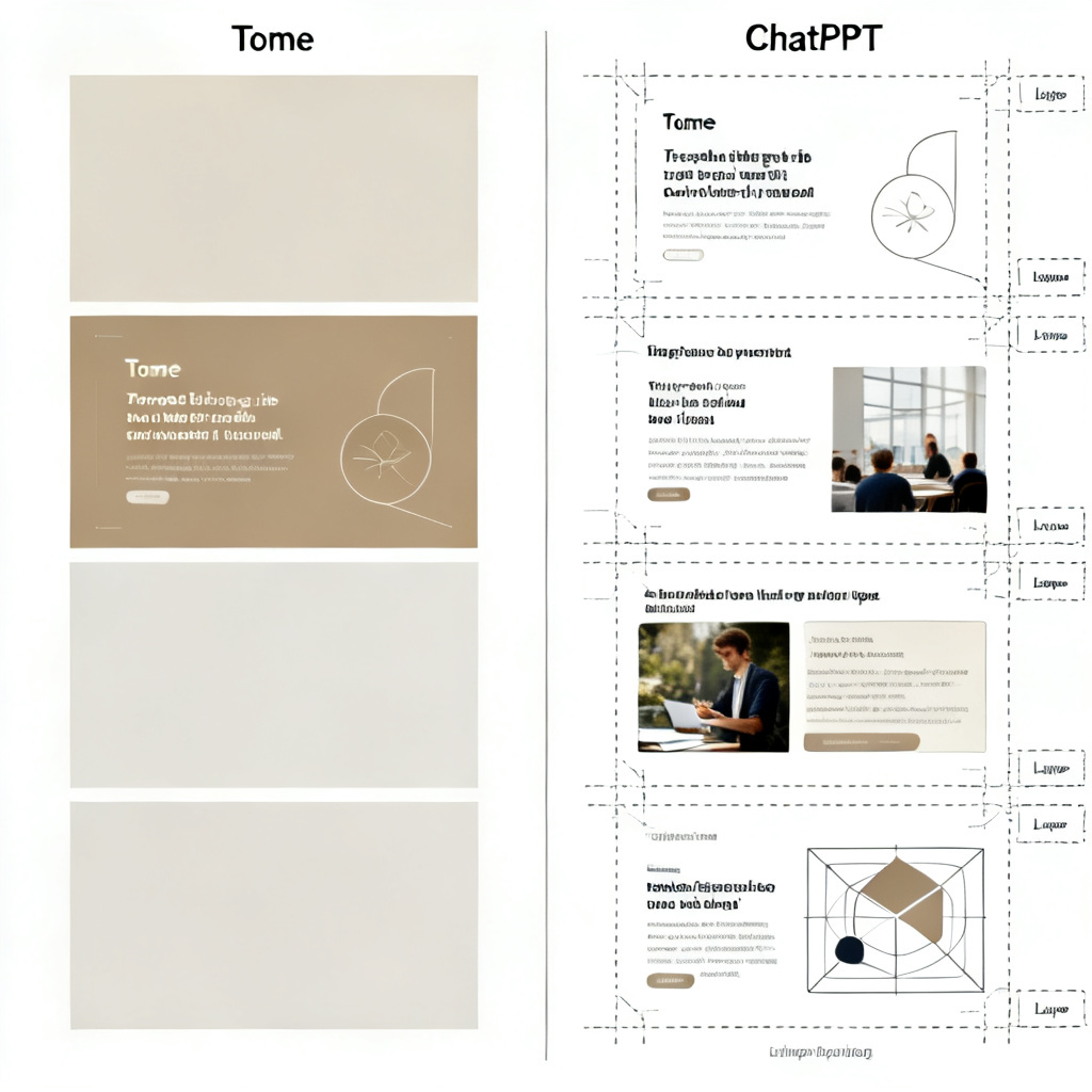 Side-by-side comparison of a static image from Tome (left) showing a flat, non-editable slide, and an editable layer breakdown from ChatPPT (right) showing text, images, and graphics as separate elements