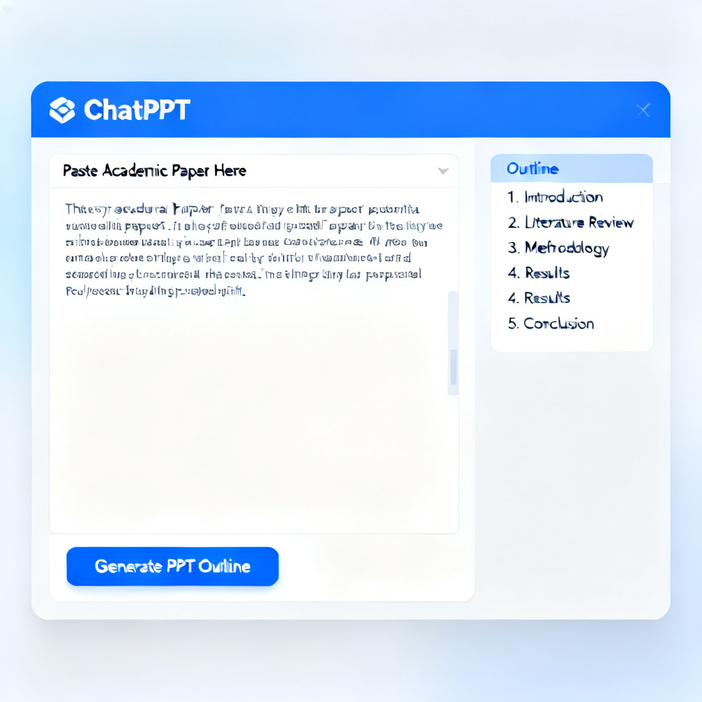 A screenshot of ChatPPT interface showing a long academic paper being pasted and automatically generating a structured PPT outline