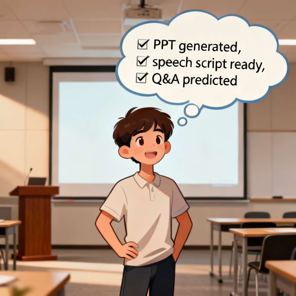 A student standing confidently in front of a projection screen, with a thought bubble showing a checklist: 'PPT generated, speech script ready, Q&A predicted.' The background is a modern classroom with a podium.