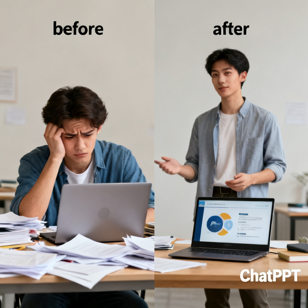 A before-and-after comparison showing a student's stressed face surrounded by scattered papers and a laptop (before) versus a confident student presenting a polished PPT with a calm expression (after), with the text "ChatPPT" subtly placed in the corner