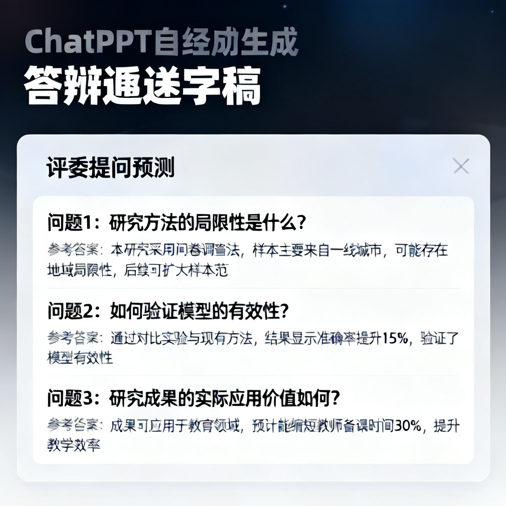一个界面截图,显示ChatPPT自动生成的答辩逐字稿,下方有“评委提问预测”区域,列出3个问题及参考答案。
