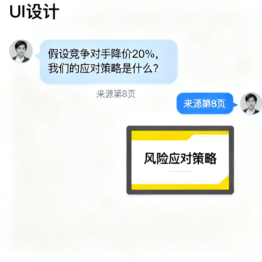 一个对话气泡界面，用户输入问题“假设竞争对手降价20%，我们的应对策略是什么？”，答案下方用页码数字标注“来源第8页”，右侧PPT缩略图中高亮显示第8页风险应对策略