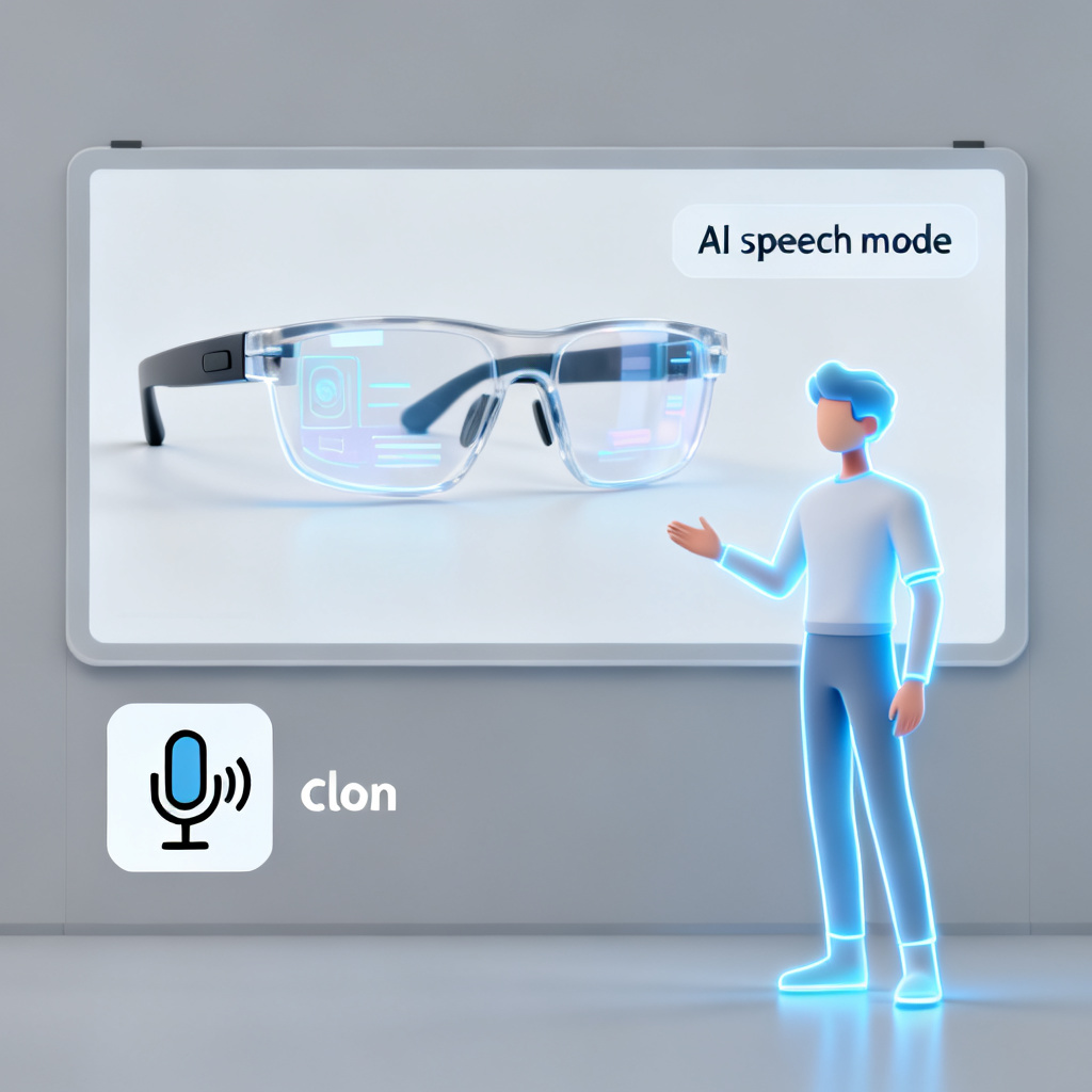 A digital avatar presenting a slide on a smart glasses display, with text overlay showing 'AI speech mode' and voice cloning icon