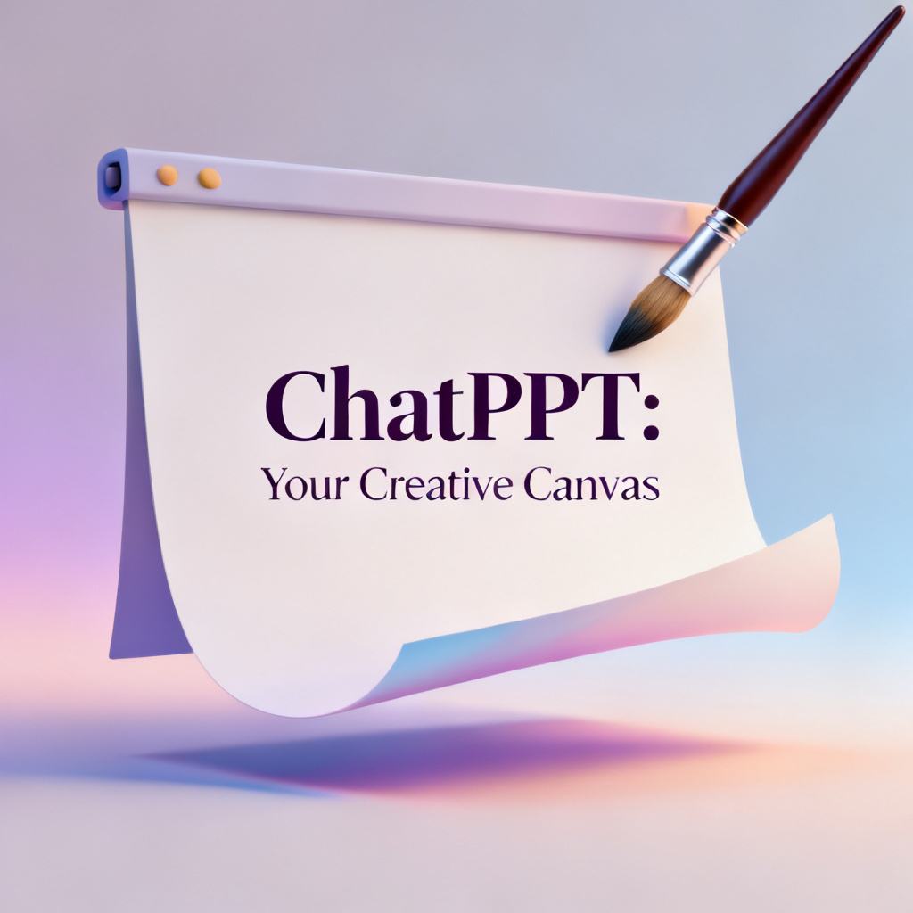 A stylized canvas with a paintbrush, where the canvas is transforming into a polished, editable PPT slide. The text 'ChatPPT: Your Creative Canvas' appears in elegant typography.