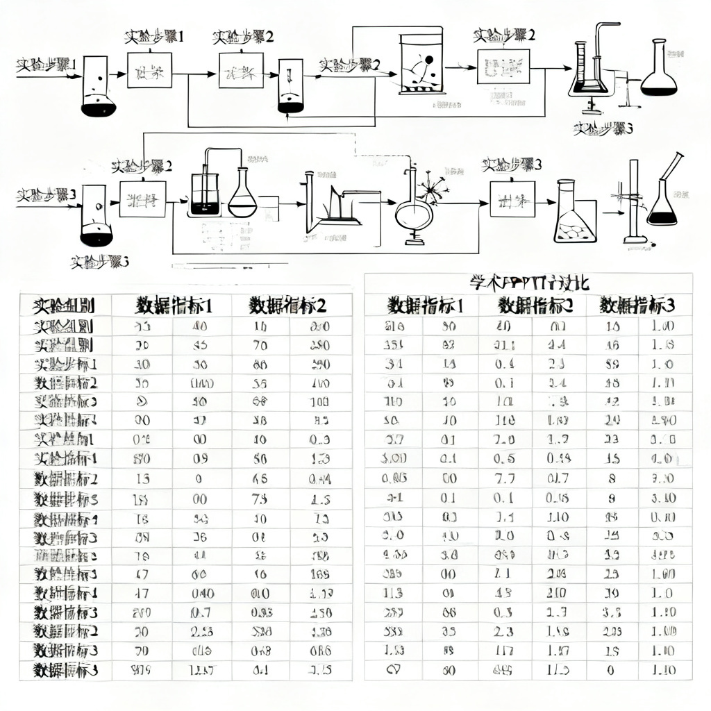 一张学术PPT幻灯片,包含复杂的实验流程图和多维度数据对比表,排版清晰,字体为宋体,背景为白色,严谨风格。