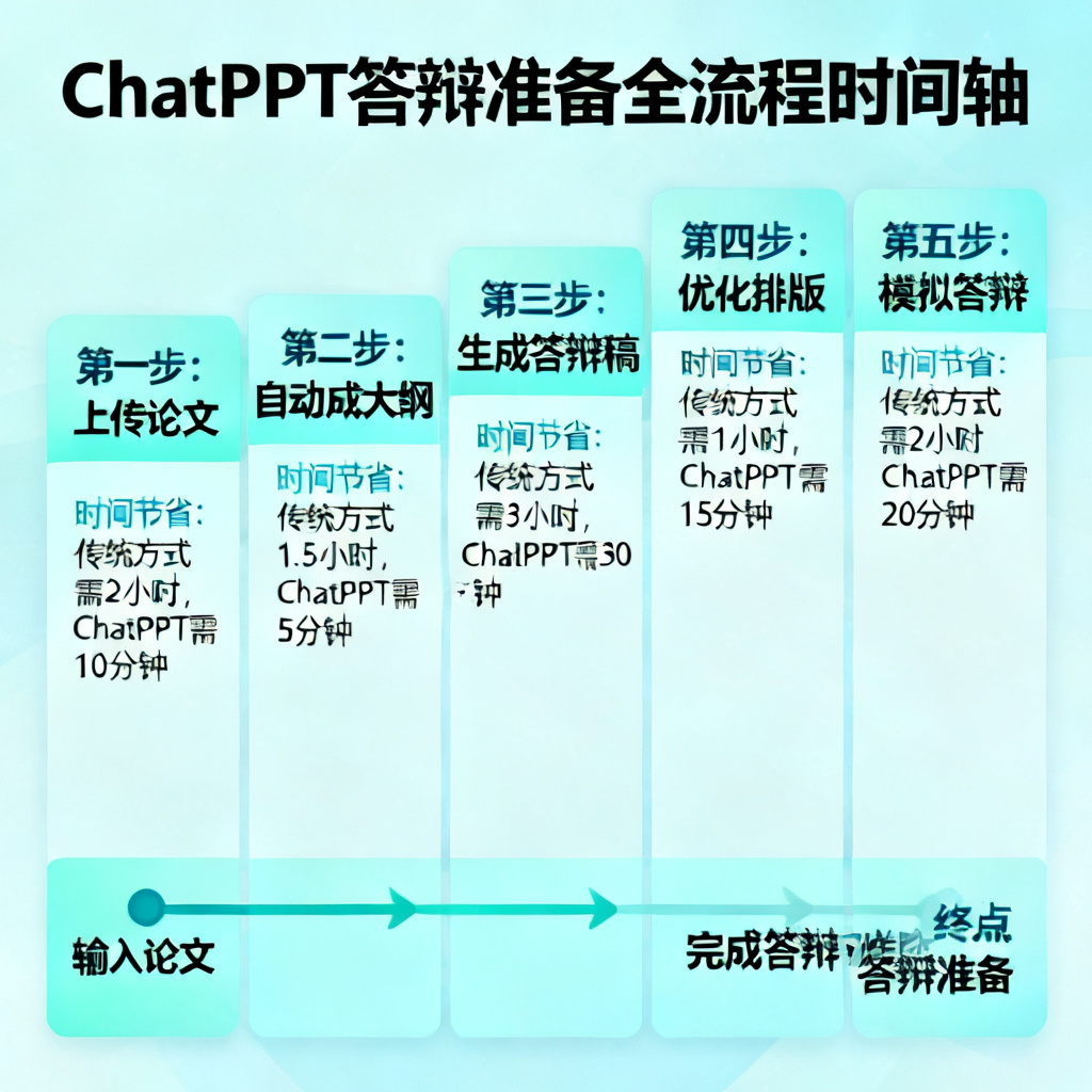 一张时间轴图，展示使用ChatPPT从输入论文到完成答辩准备的全流程，标注每个步骤的时间节省。