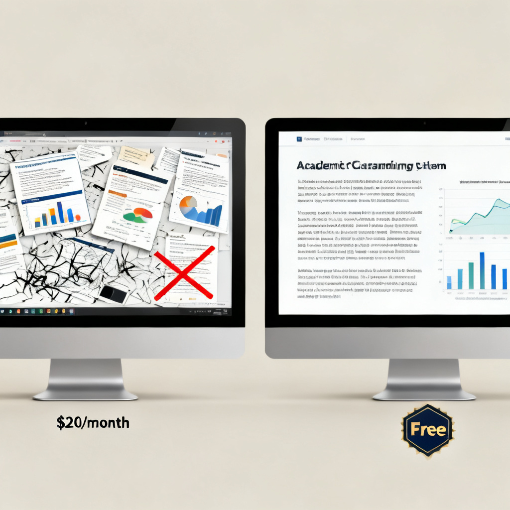 A side-by-side comparison of two computer screens: one showing a messy, disjointed AI-generated presentation with misplaced charts; the other showing a clean, academic slide with structured text and proper data visualization. The left screen has a price tag of “$20/month” crossed out, and the right screen has a “Free” badge.