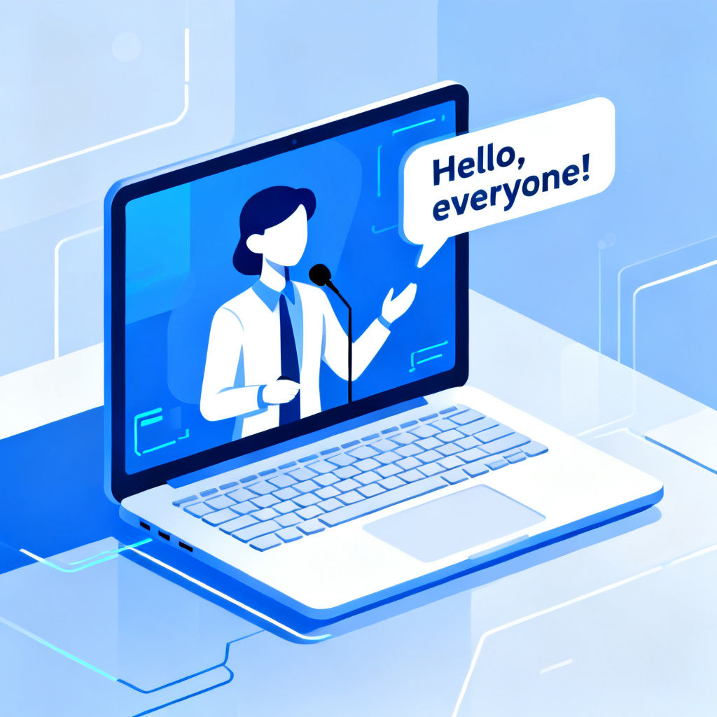 A futuristic digital avatar of a presenter speaking from a laptop screen, with text bubbles appearing as speech, minimalistic design, blue and white color scheme