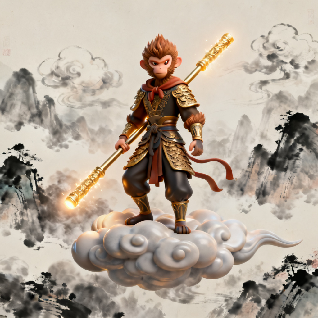 3D西游记风，孙悟空站在云端，金箍棒发光，水墨背景，用于文化主题PPT