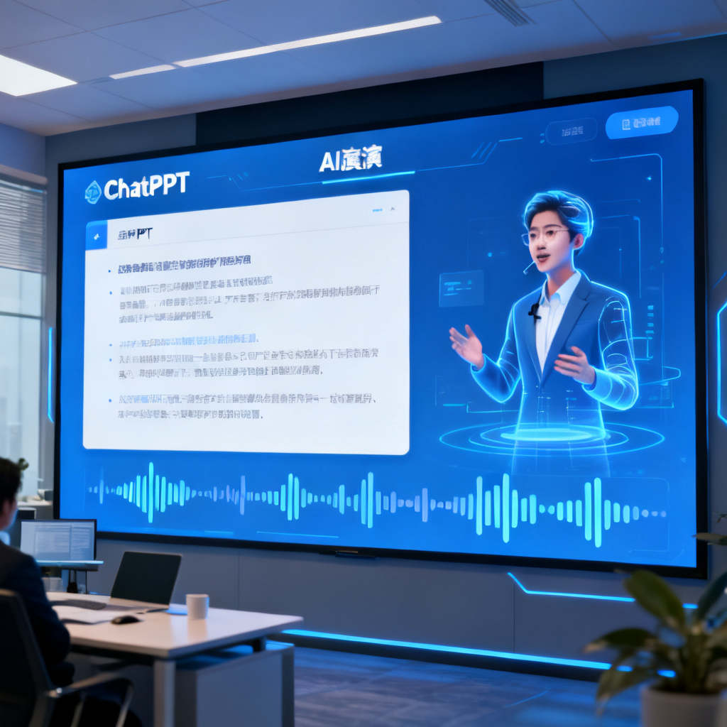 一个现代办公室场景，屏幕上显示ChatPPT的AI路演界面，页面左侧是PPT内容，右侧有一个虚拟数字人形象正在讲话，声音波形图在页面底部跳动。整体风格科技感强，蓝色调为主。