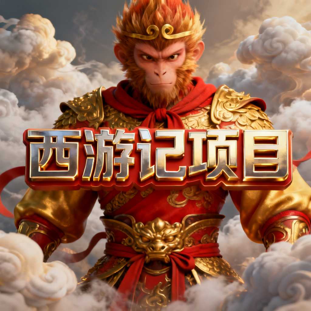 3D西游记风格项目介绍页，孙悟空形象作为主视觉，背景云雾缭绕，金色与红色主调，立体文字