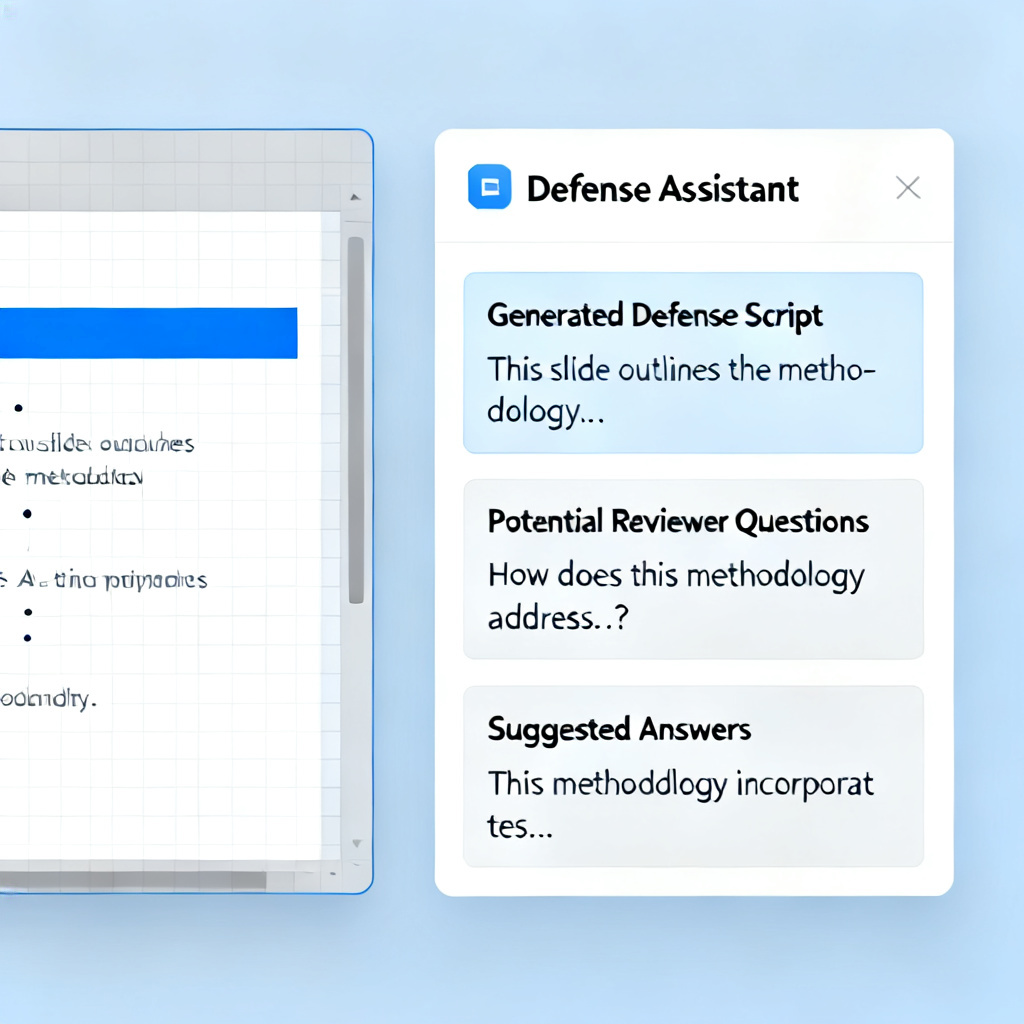 A screenshot of ChatPPT’s interface showing the “Defense Assistant” feature. The left panel displays a slide from a PPT, and the right panel shows the generated defense script for that slide, along with a list of potential reviewer questions and suggested answers. The interface should look clean, professional, and academic.