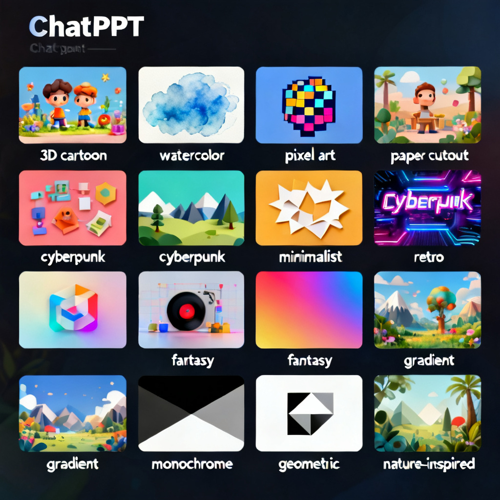 A grid of 12 small thumbnails showing diverse presentation styles generated by ChatPPT: 3D cartoon, watercolor, pixel art, paper cutout, cyberpunk, minimalist, retro, fantasy, gradient, monochrome, geometric, and nature-inspired.