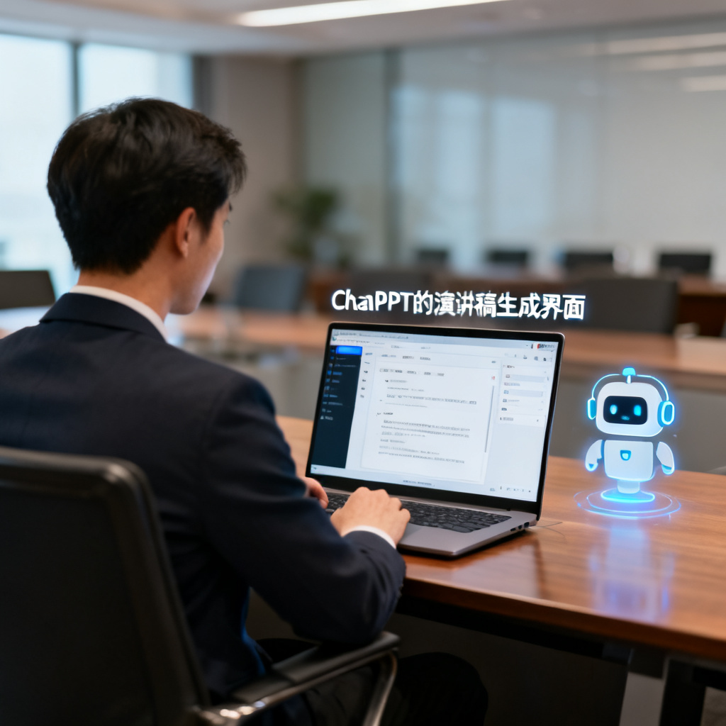 一位职场人对着笔记本电脑，屏幕上显示ChatPPT的演讲稿生成界面，旁边有虚拟助手图标，背景是会议室的模糊效果，风格写实，光线柔和，专业感强