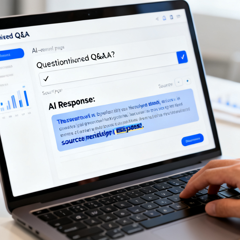 A close-up of a laptop screen showing an AI-powered Q&A interface, with a user typing a question and the AI response highlighted with a source page number. The design is clean, professional, and data-driven.