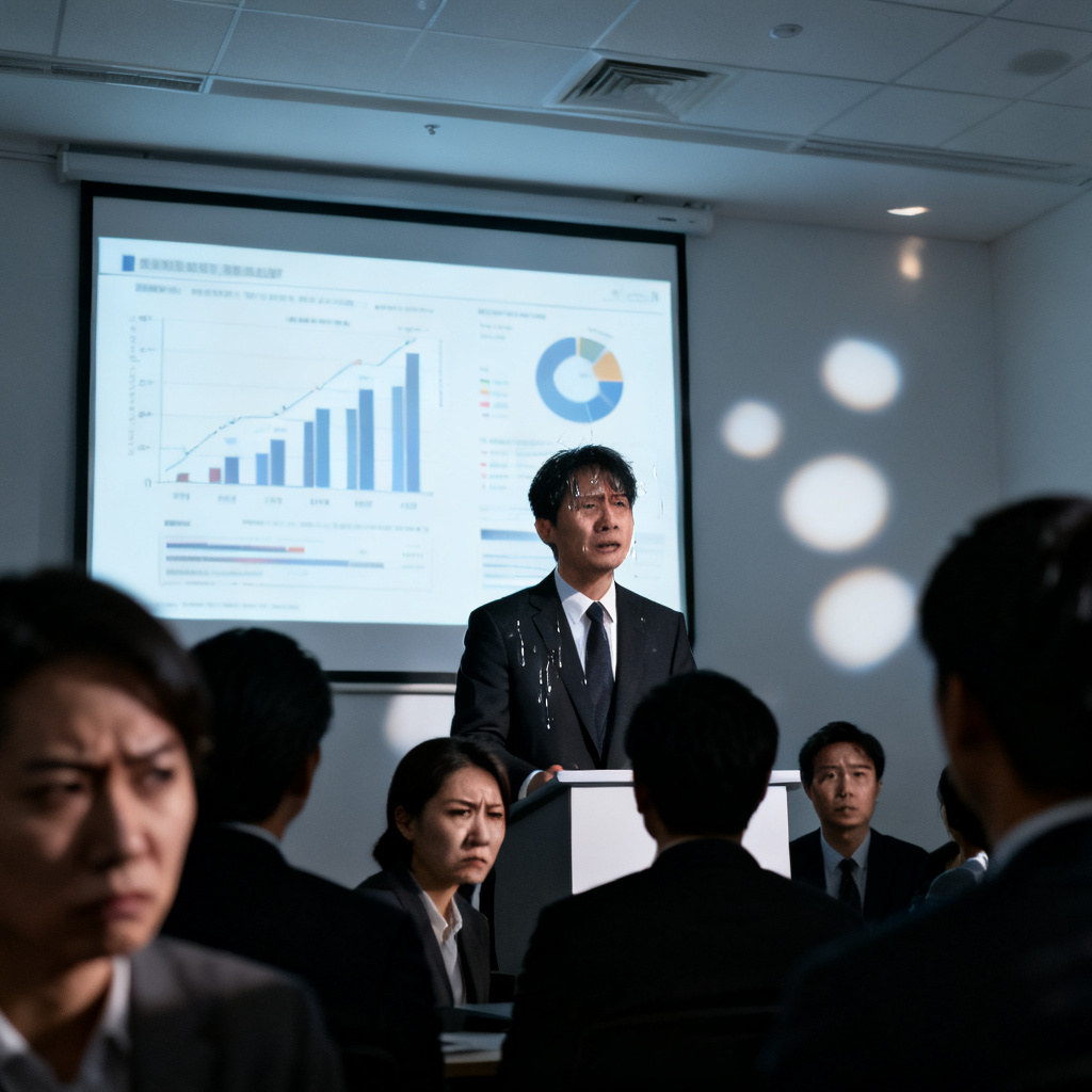 一位职场人士在路演台上，面对投影仪上复杂的PPT图表，额头冒汗，表情焦虑，台下观众表情困惑，昏暗的会议室灯光，写实风格