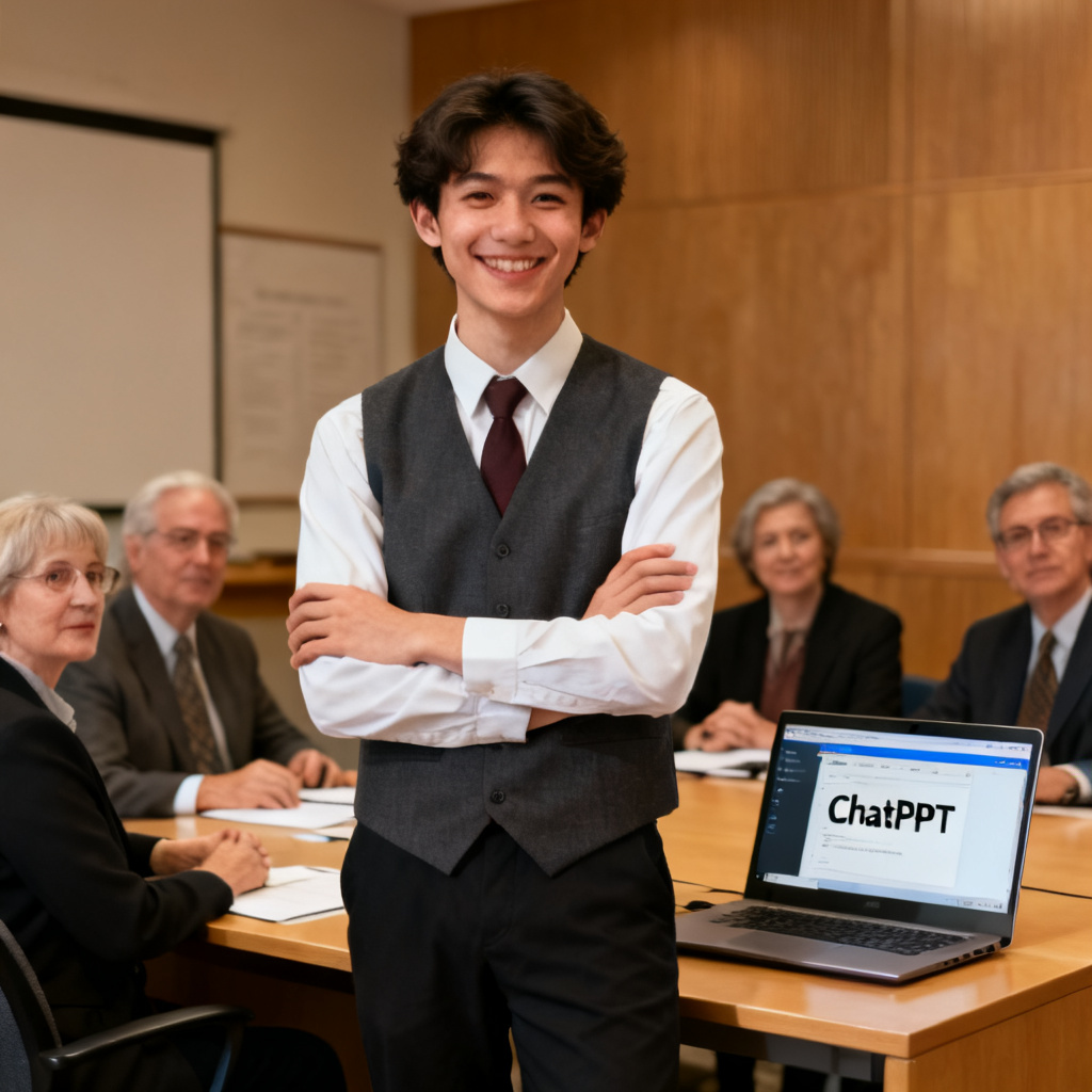A student smiling confidently in front of a defense committee, with a laptop showing ChatPPT interface in the background.