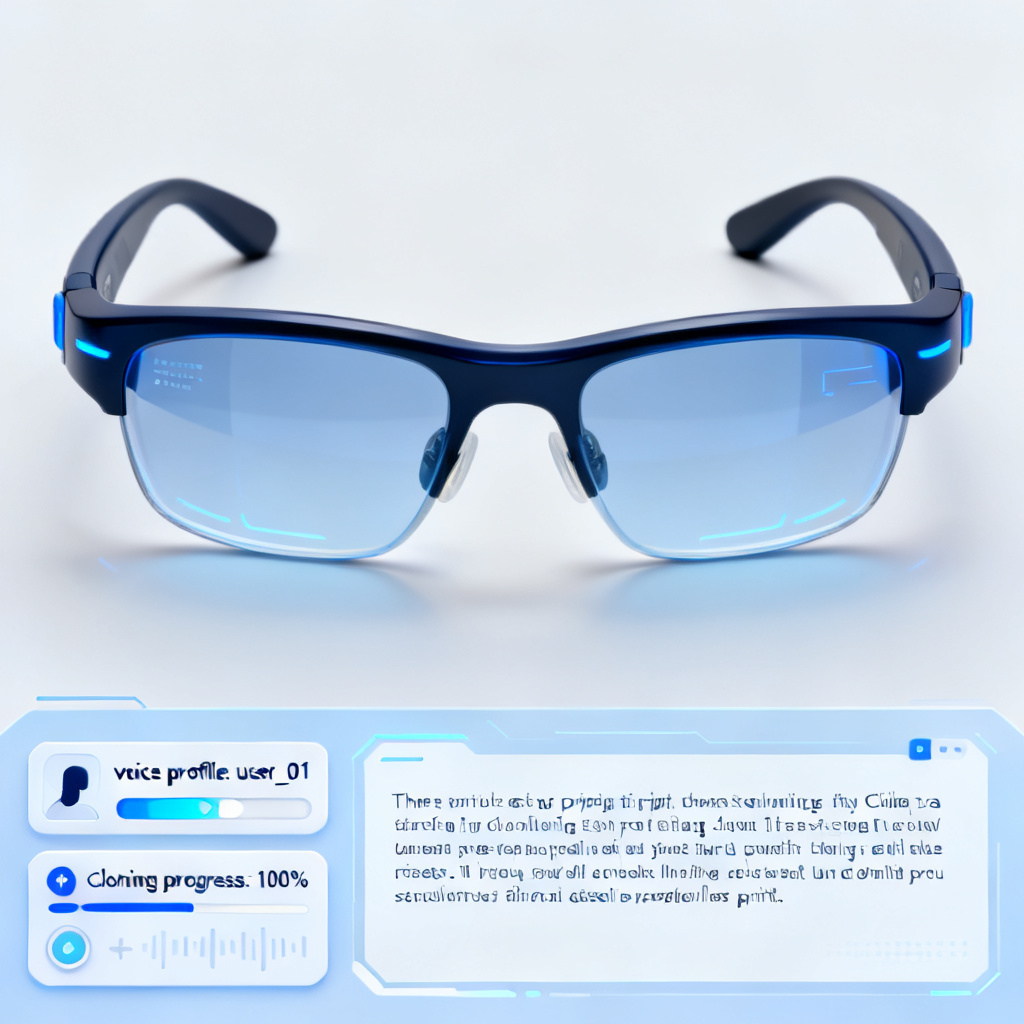 A smart glasses user interface showing a presentation script scrolling at the bottom, with a voice cloning control panel on the left showing 'voice profile: user_01' and 'cloning progress: 100%'