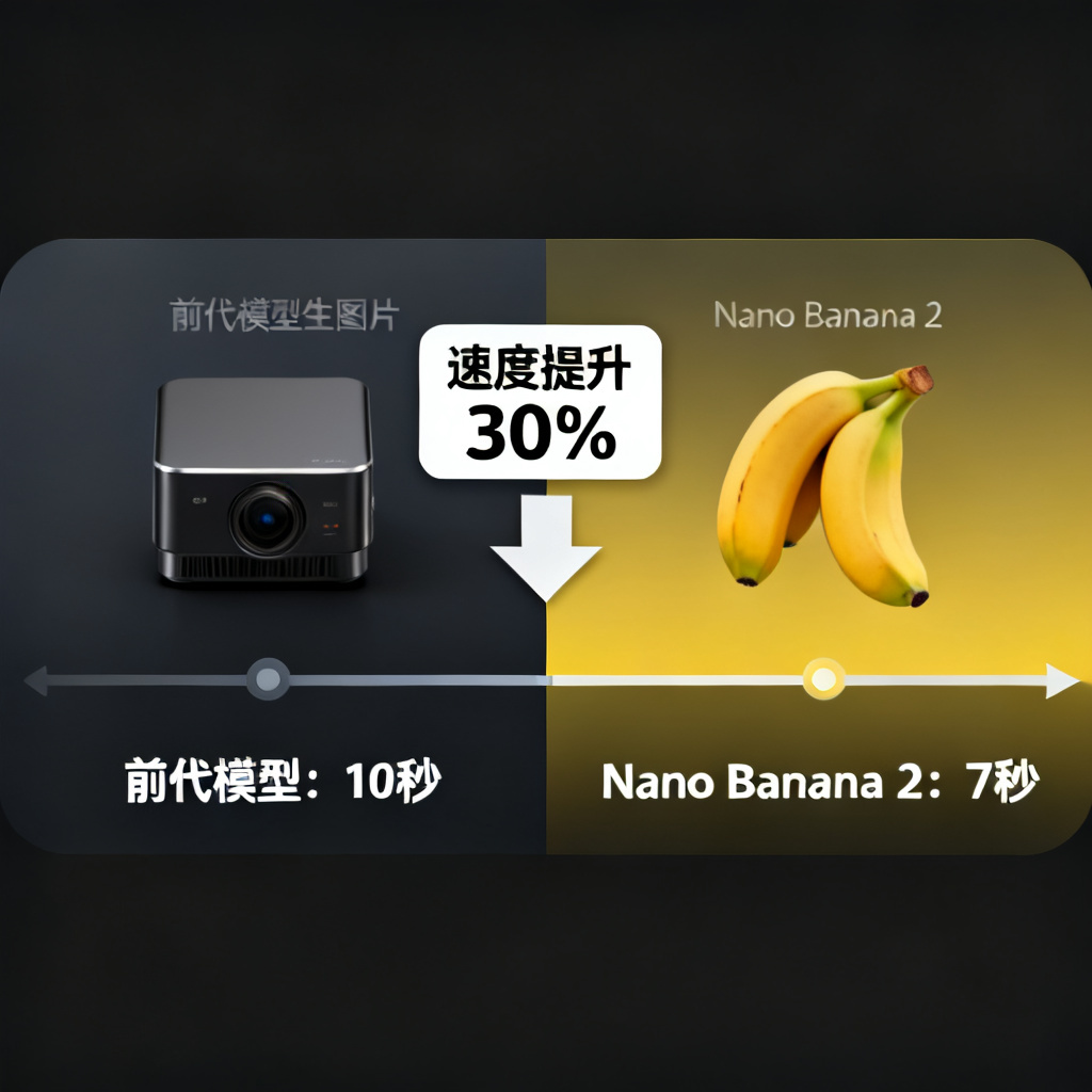 展示Nano Banana 2模型与前代模型的速度对比时间线，左侧为前代模型生成一张图片需要的时间（标注为10秒），右侧为Nano Banana 2生成同一张图片的时间（标注为7秒），并显示“速度提升30%”的标识。