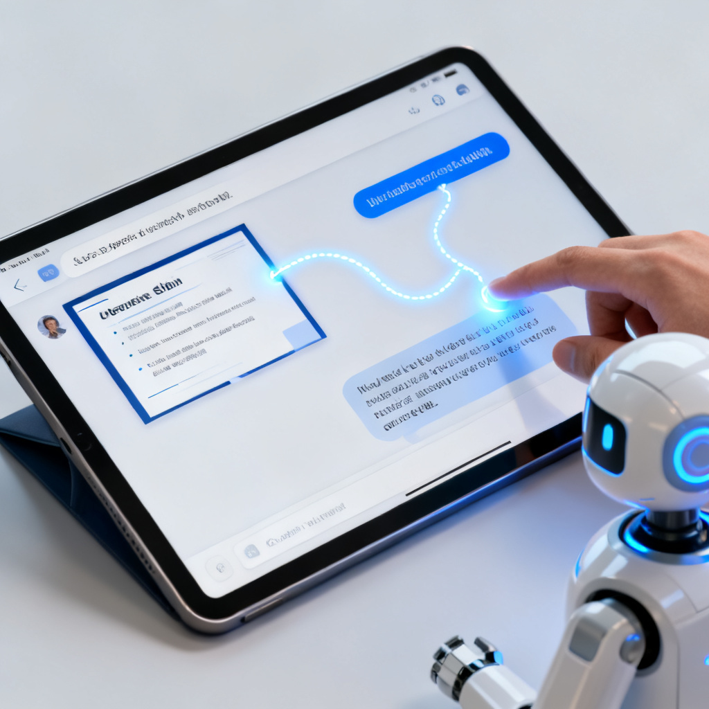 A user interacting with an AI chatbot on a tablet, the AI response highlights a specific slide from a presentation, with a glowing trace line connecting the answer to the slide, clean UI, professional.